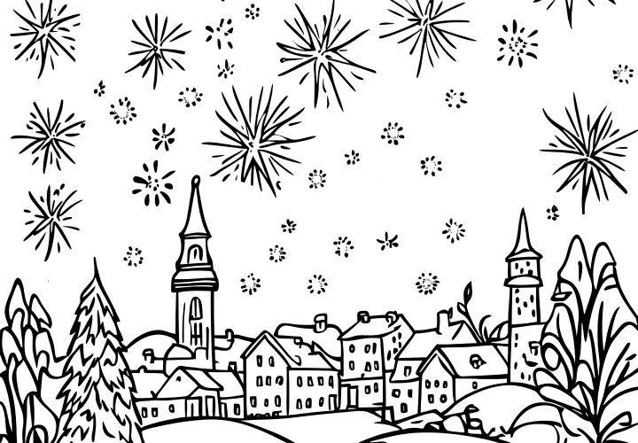 Small-town firework on New Year's Eve as a coloring template