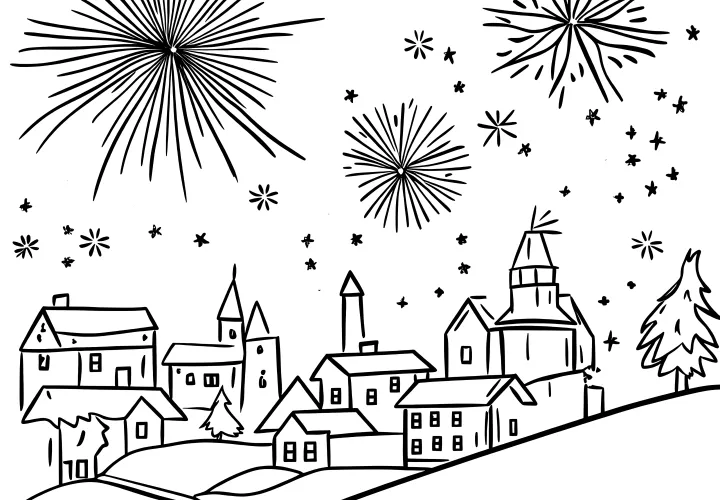 Village with fireworks on New Year's Eve: free coloring page