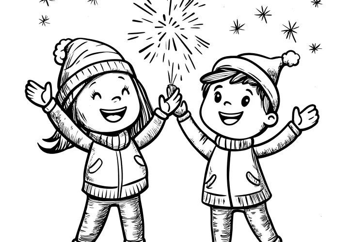 Laughing children on New Year's Eve (coloring picture)