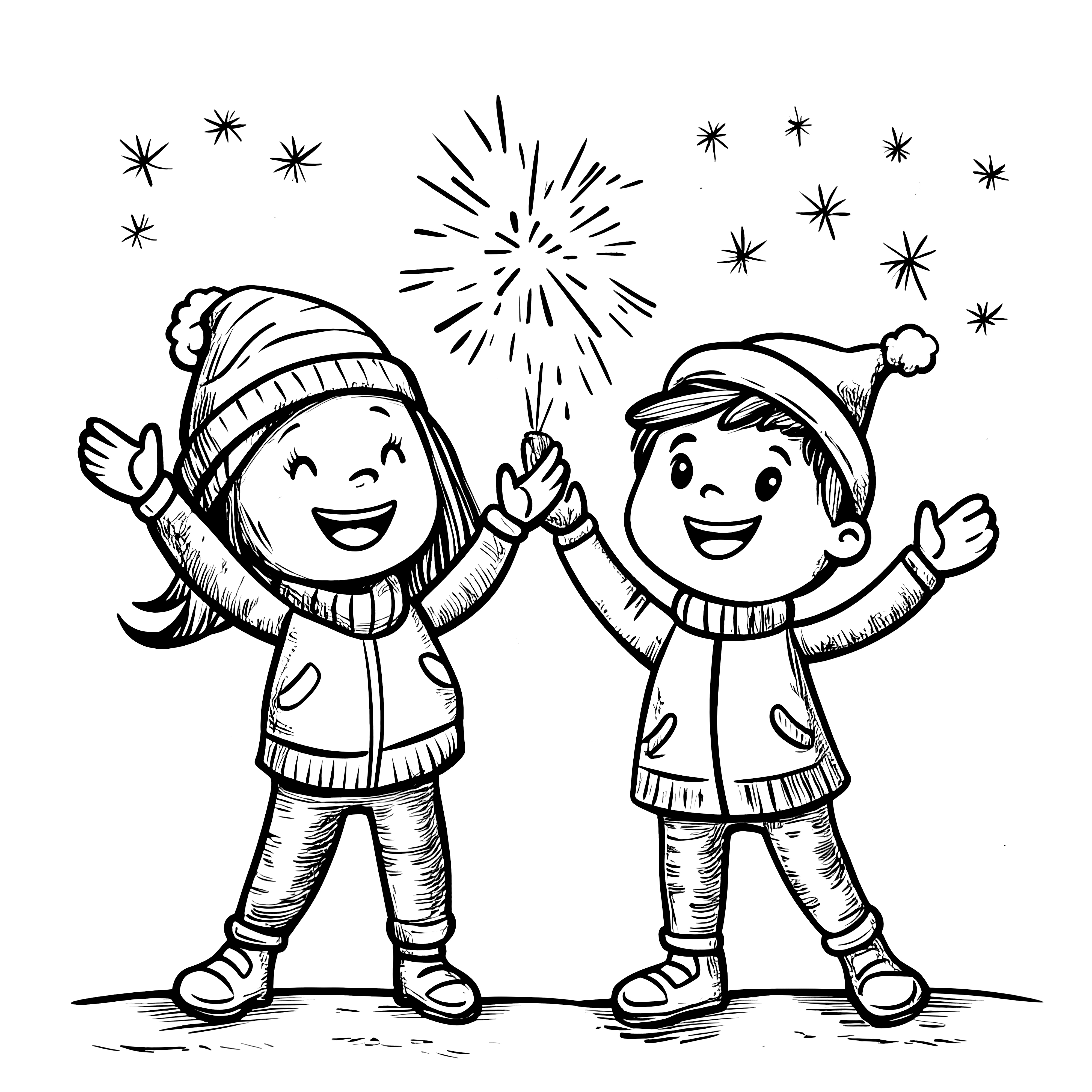 Laughing children on New Year's Eve (coloring picture)