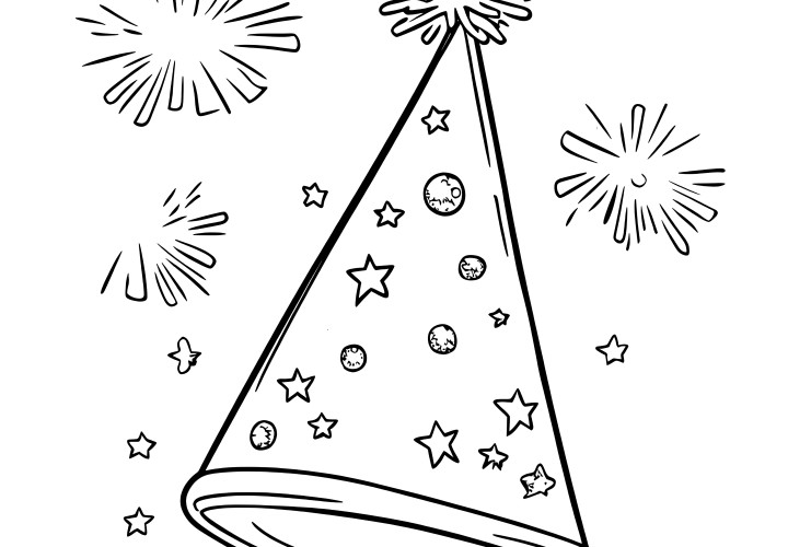 Party hat and fireworks: New Year's Eve coloring page free