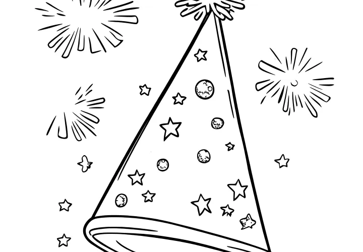 Party hat and fireworks: New Year's Eve coloring page free