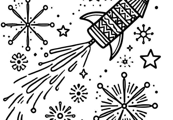 New Year's rocket & fireworks: simple coloring page for free