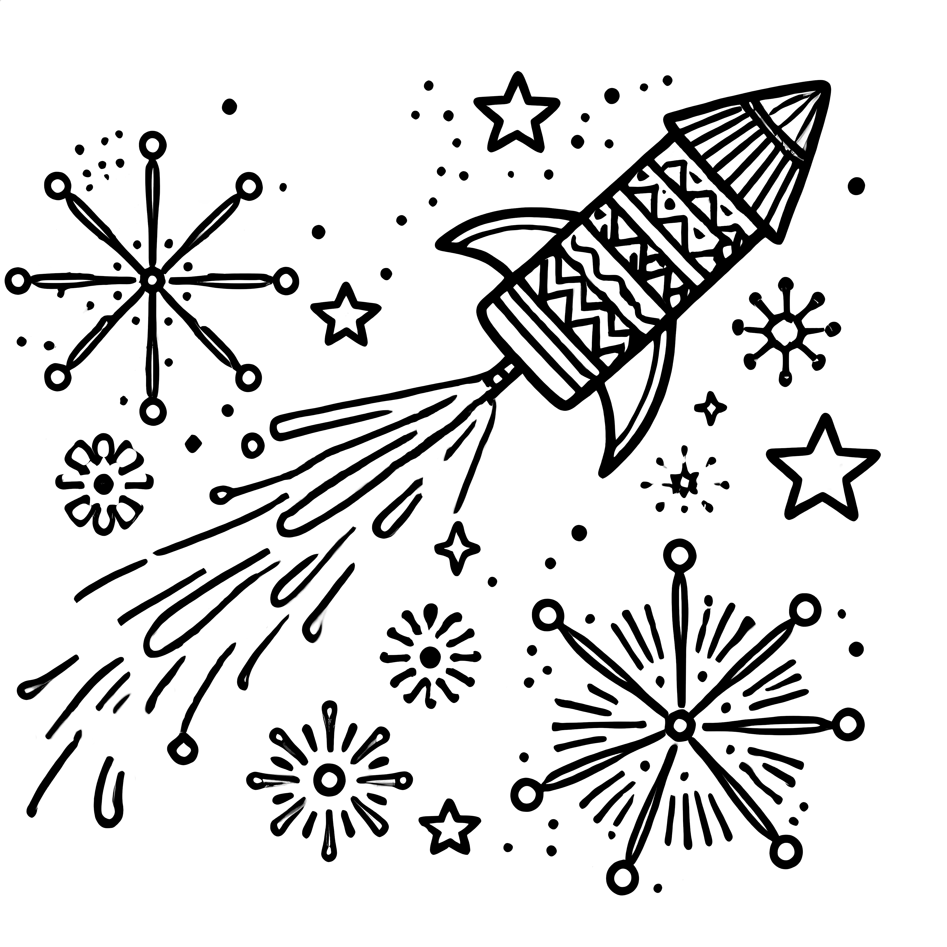 New Year's rocket & fireworks: simple coloring page for free