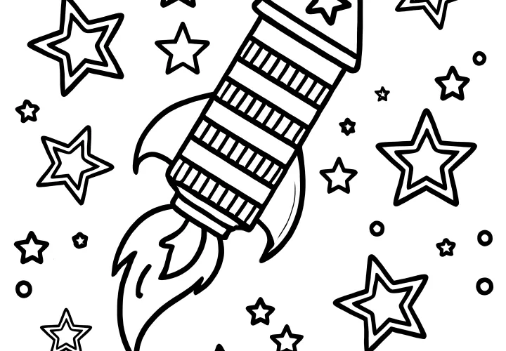 New Year's rocket & stars: free coloring page