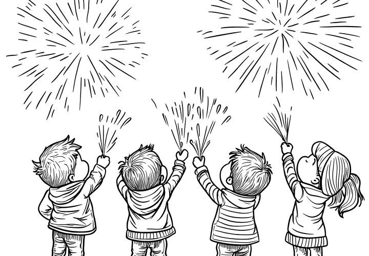 Children under a fireworks sky: Picture to color