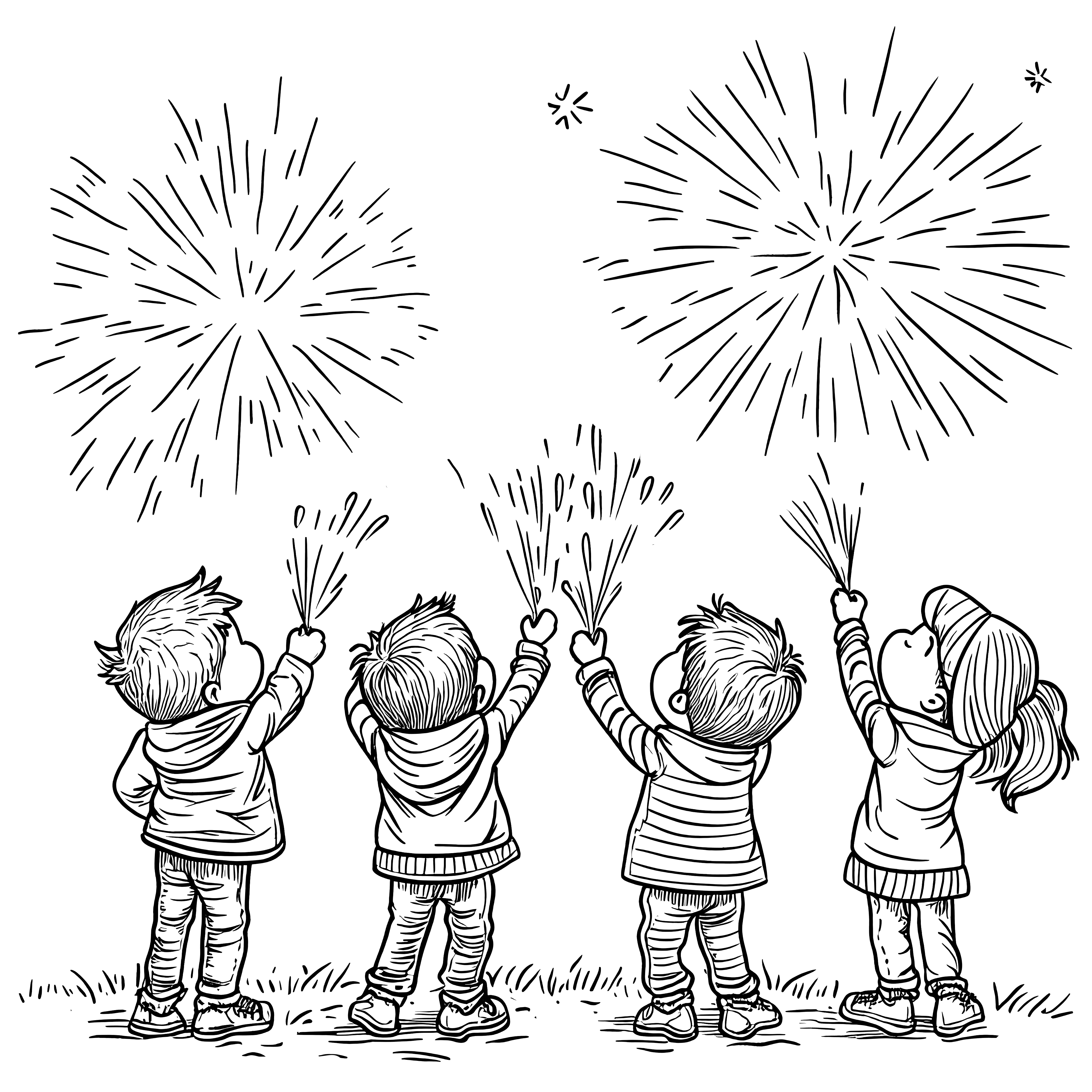 Children under a firework-filled sky: Picture to color