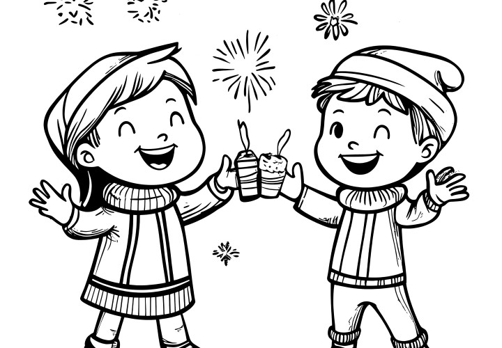 Two laughing children and a fireworks display to color