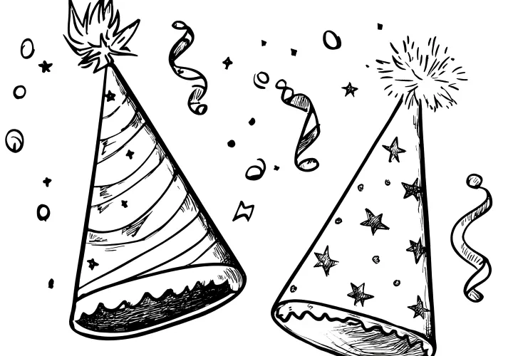 Two party hats, confetti & streamers (coloring sheet)