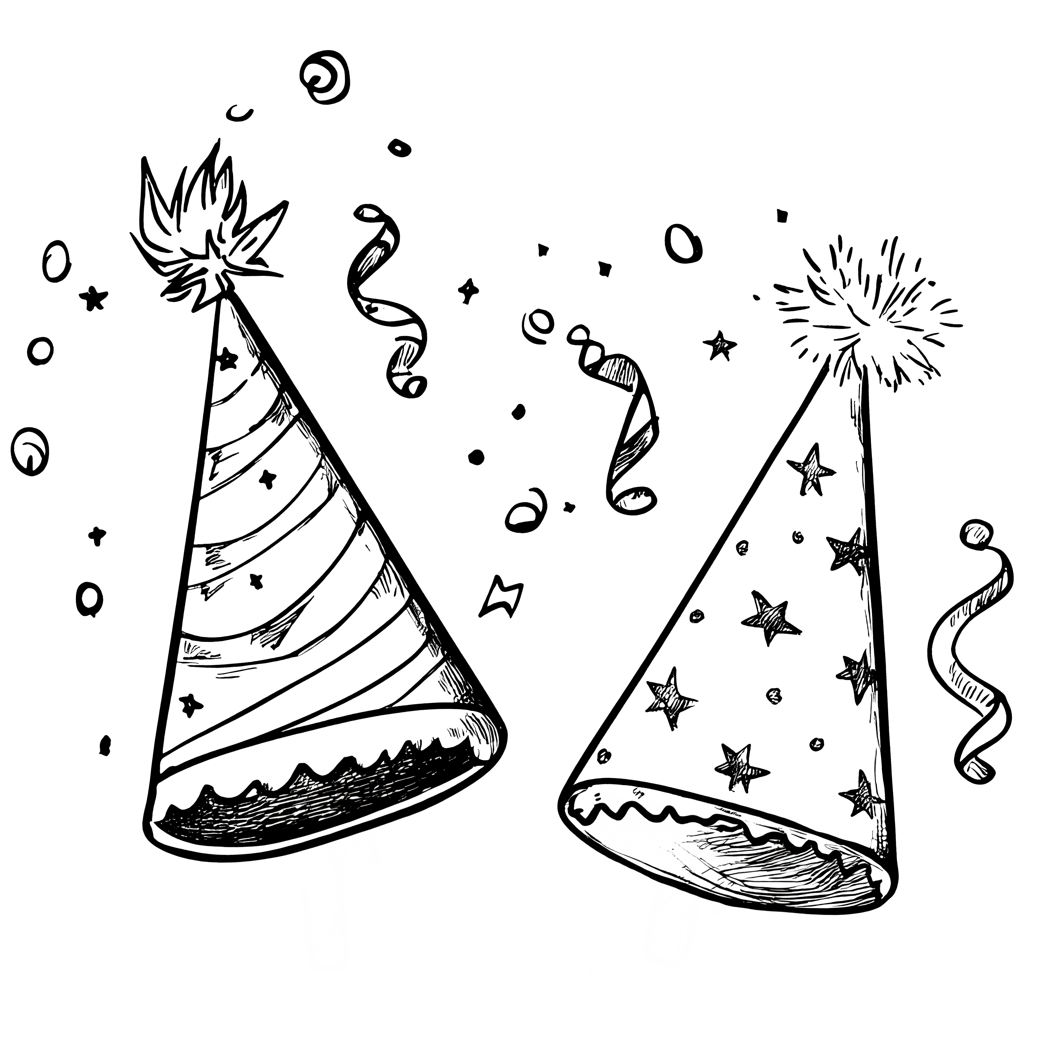 Two party hats, confetti & streamers (coloring page)