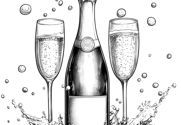 Champagne glasses and champagne bottle: free coloring page