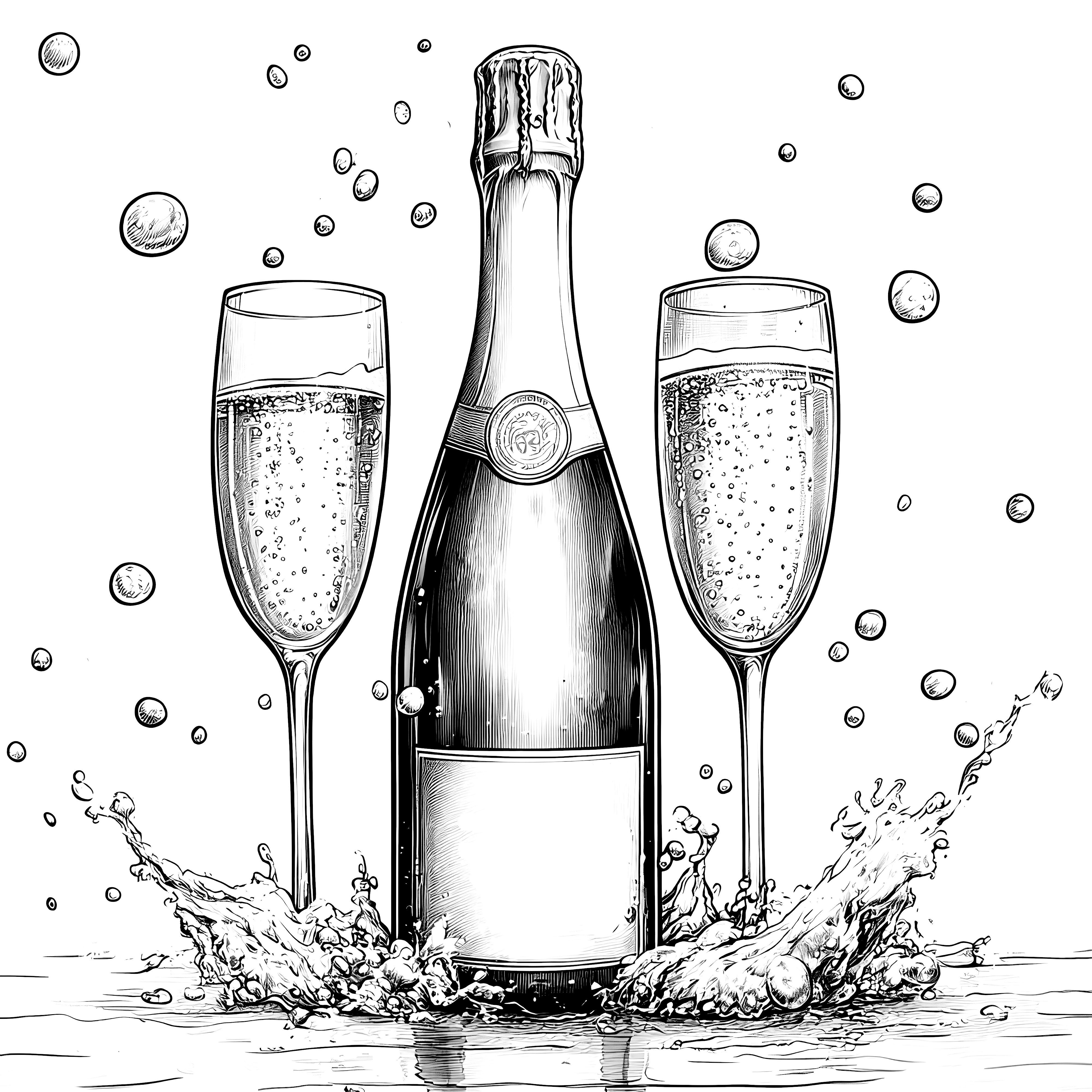 Champagne glasses and champagne bottle: free coloring page