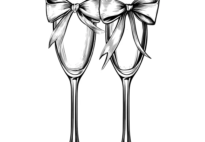 Two champagne glasses with bow: free New Year's coloring sheet