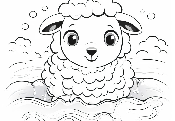 Le petit mouton se baigne dans l'eau : Coloriage à télécharger (Gratuit)