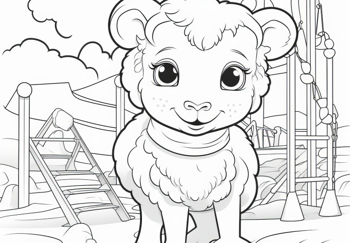 Mouton mignon au parc de jeux : coloriage pour les enfants (Gratuit)