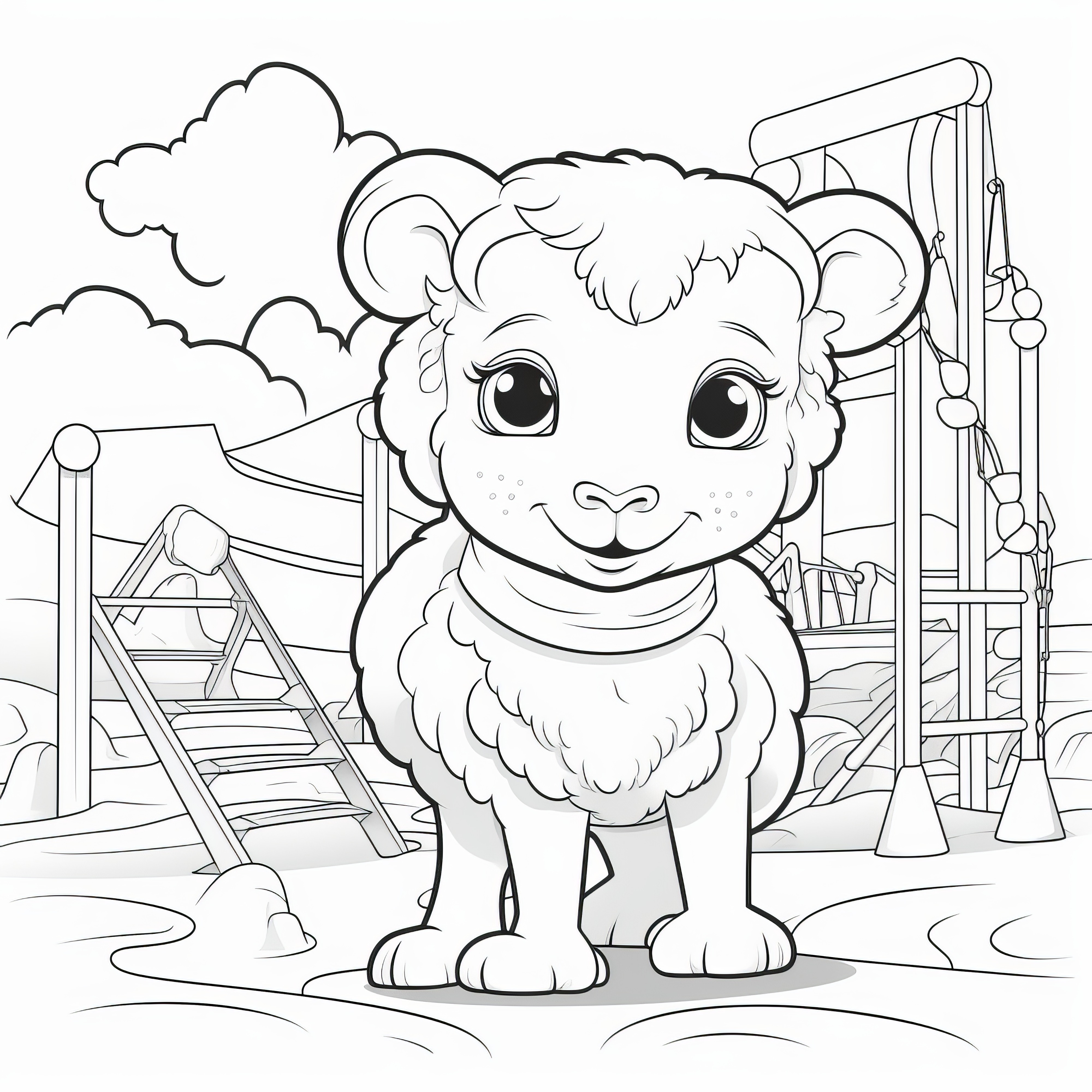 Mignon mouton au terrain de jeu : Coloriage pour les enfants (Gratuit)