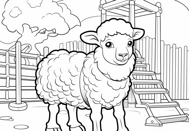 Mouton douillet sur aire de jeux : coloriage pour enfants (Gratuit)