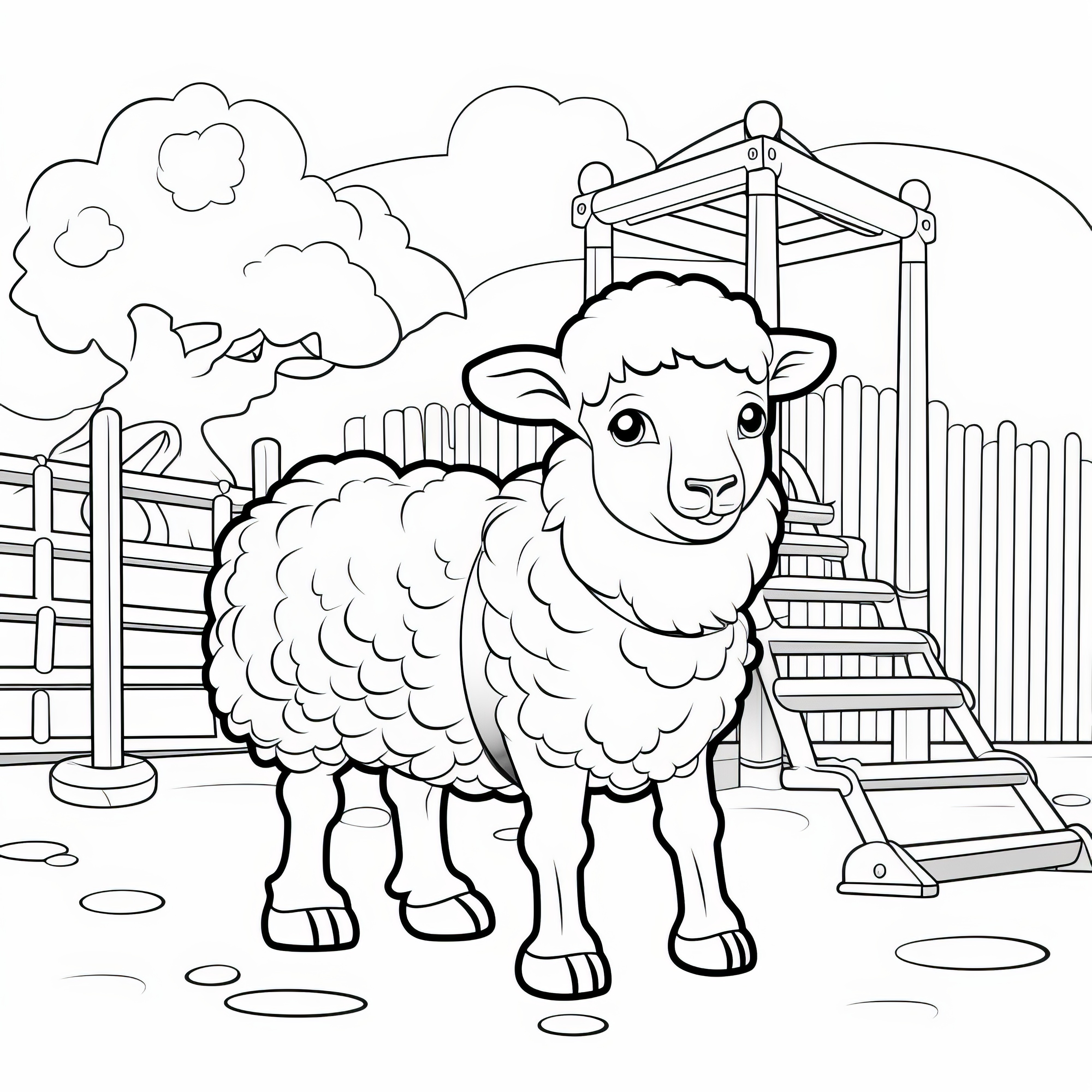 Mouton câlin sur une aire de jeux : coloriage pour les enfants (gratuit)