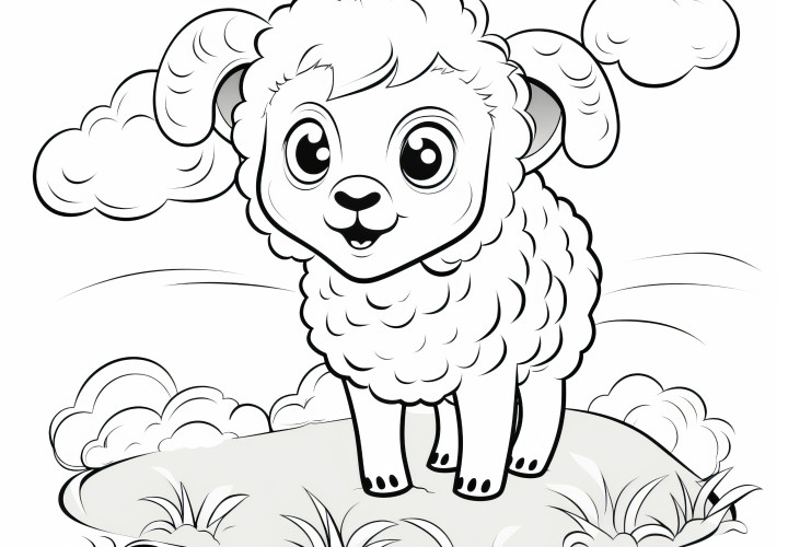 Mignon mouton dans un champ avec des nuages : Téléchargez gratuitement ce coloriage