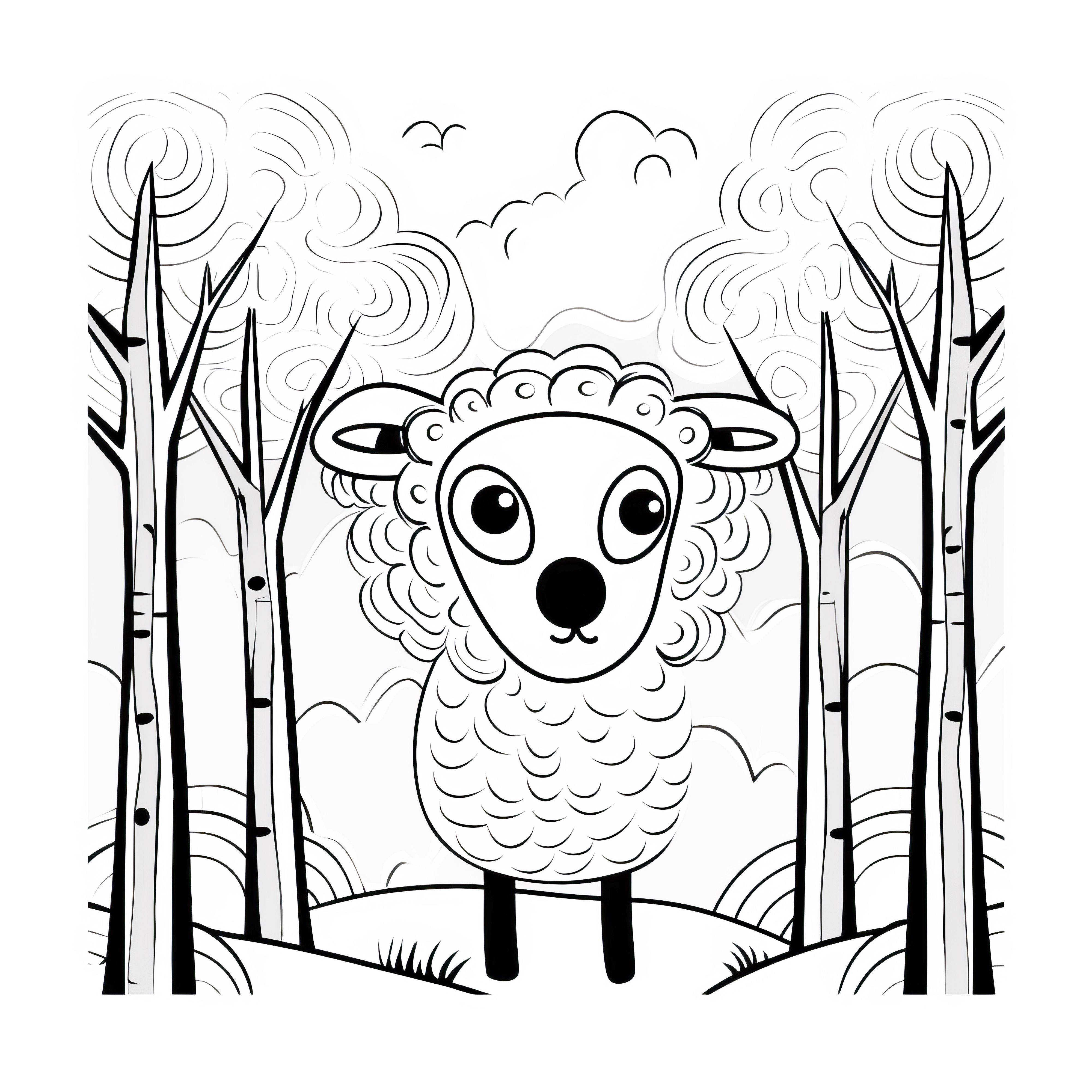 Mouton anxieux dans la forêt : coloriage pour les enfants (Gratuit)