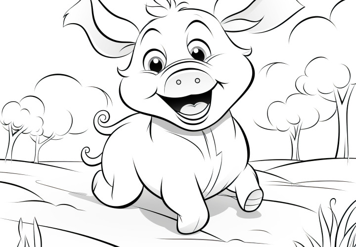 Joyeux cochon court sur un chemin : coloriage à télécharger (gratuit)