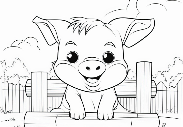 Le petit cochon est assis sur un banc : dessin à colorier gratuit à télécharger