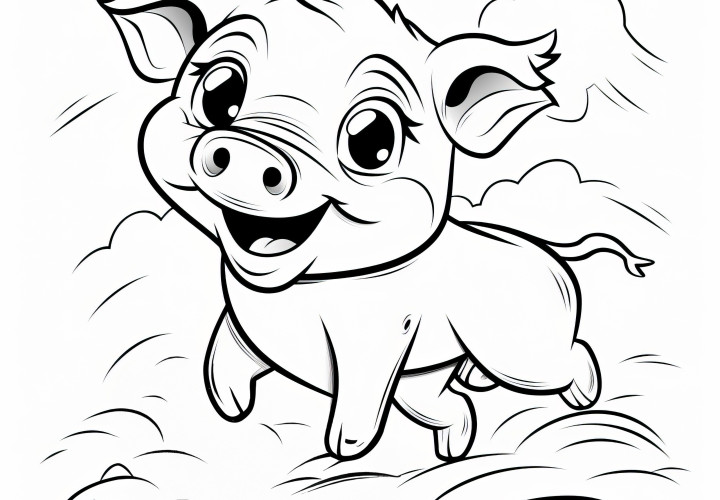 Un cochon joyeux vole à travers l'air : coloriage simple (gratuit)