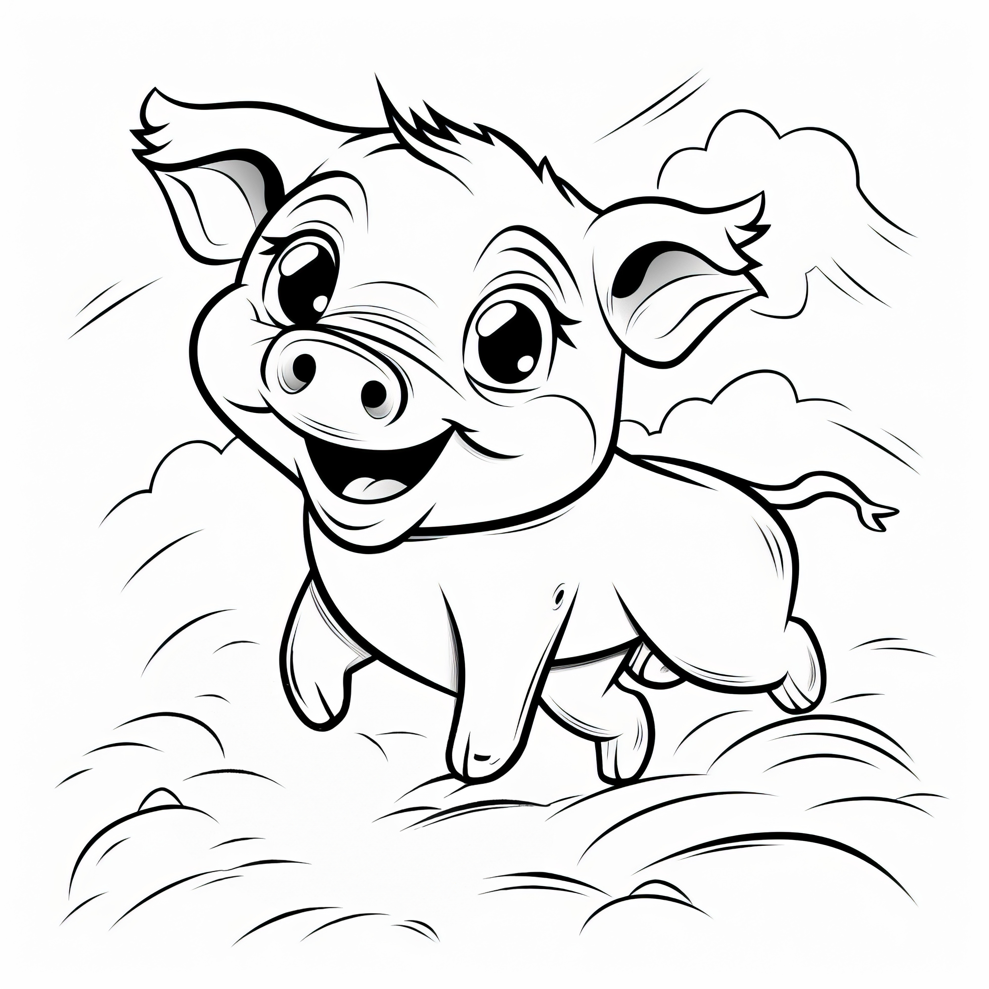 Un joyeux cochon vole dans les airs: Modèle de coloriage simple (Gratuit)