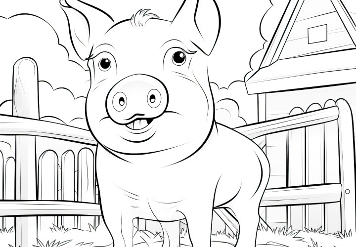 Cochon dans une ferme pittoresque : Modèle de coloriage gratuit à télécharger