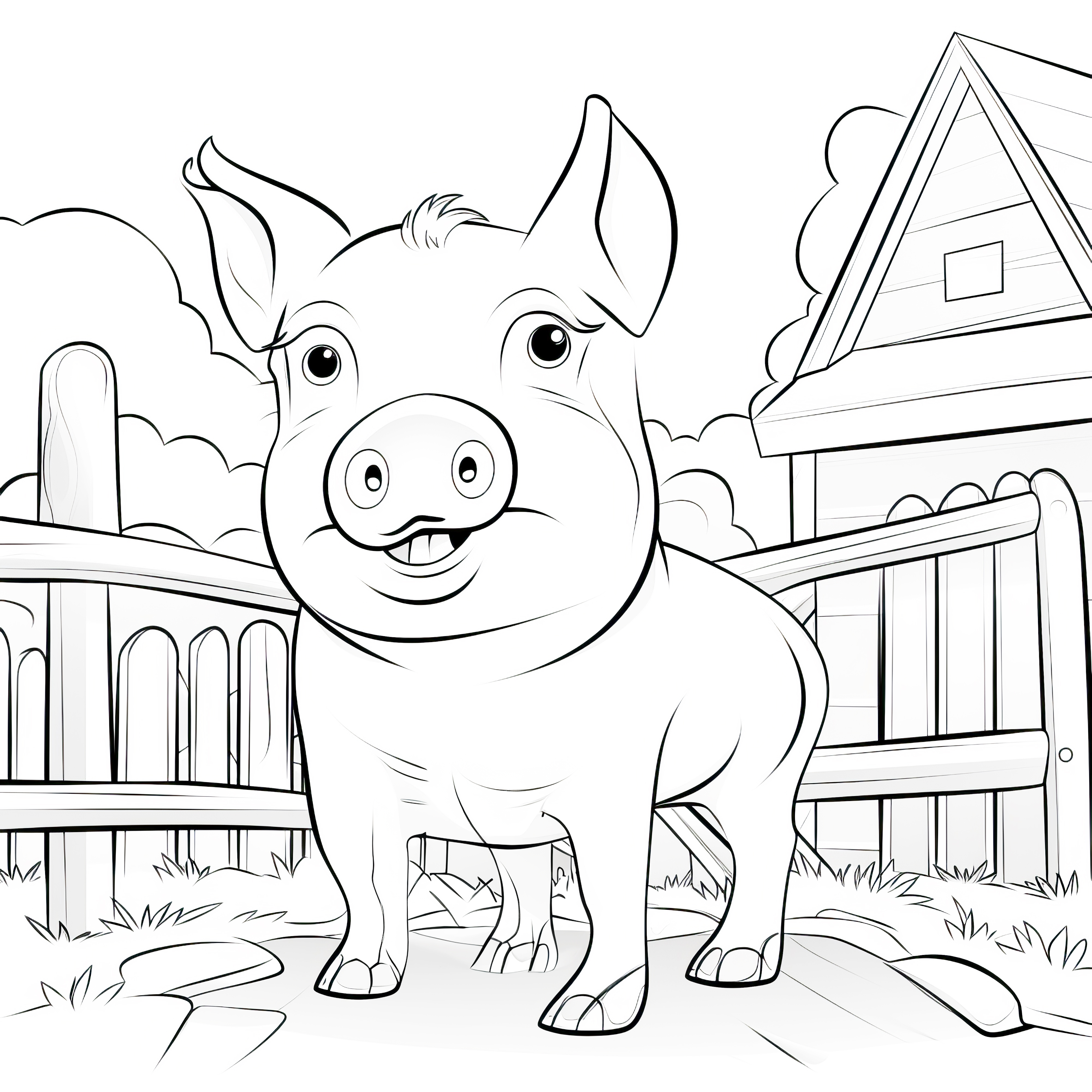 Cochon dans une ferme idyllique : coloriage gratuit à télécharger