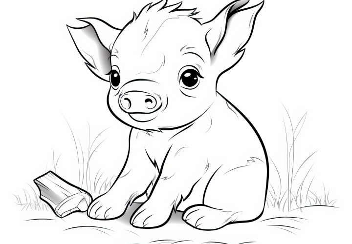 Petit porcelet mignon dans un pré : Coloriage gratuit à télécharger