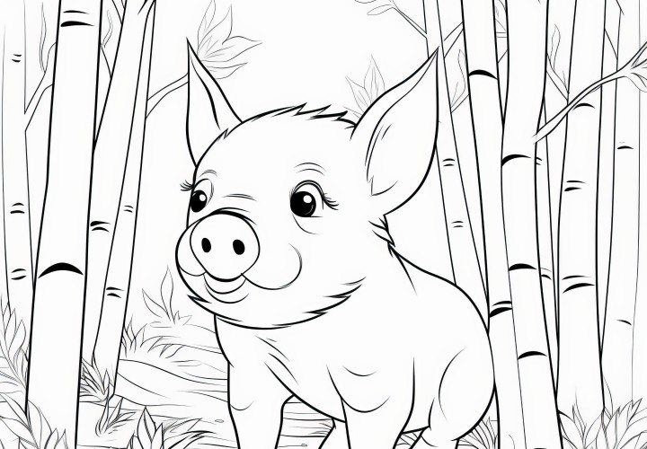 Mignon cochon dans la forêt: Coloriage gratuit pour les enfants