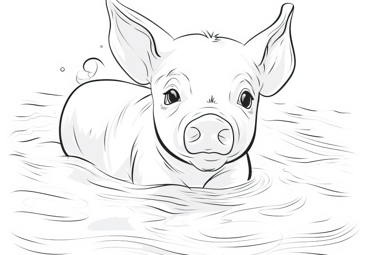 Le mignon petit cochon nage dans l'eau : Image à colorier gratuite à télécharger