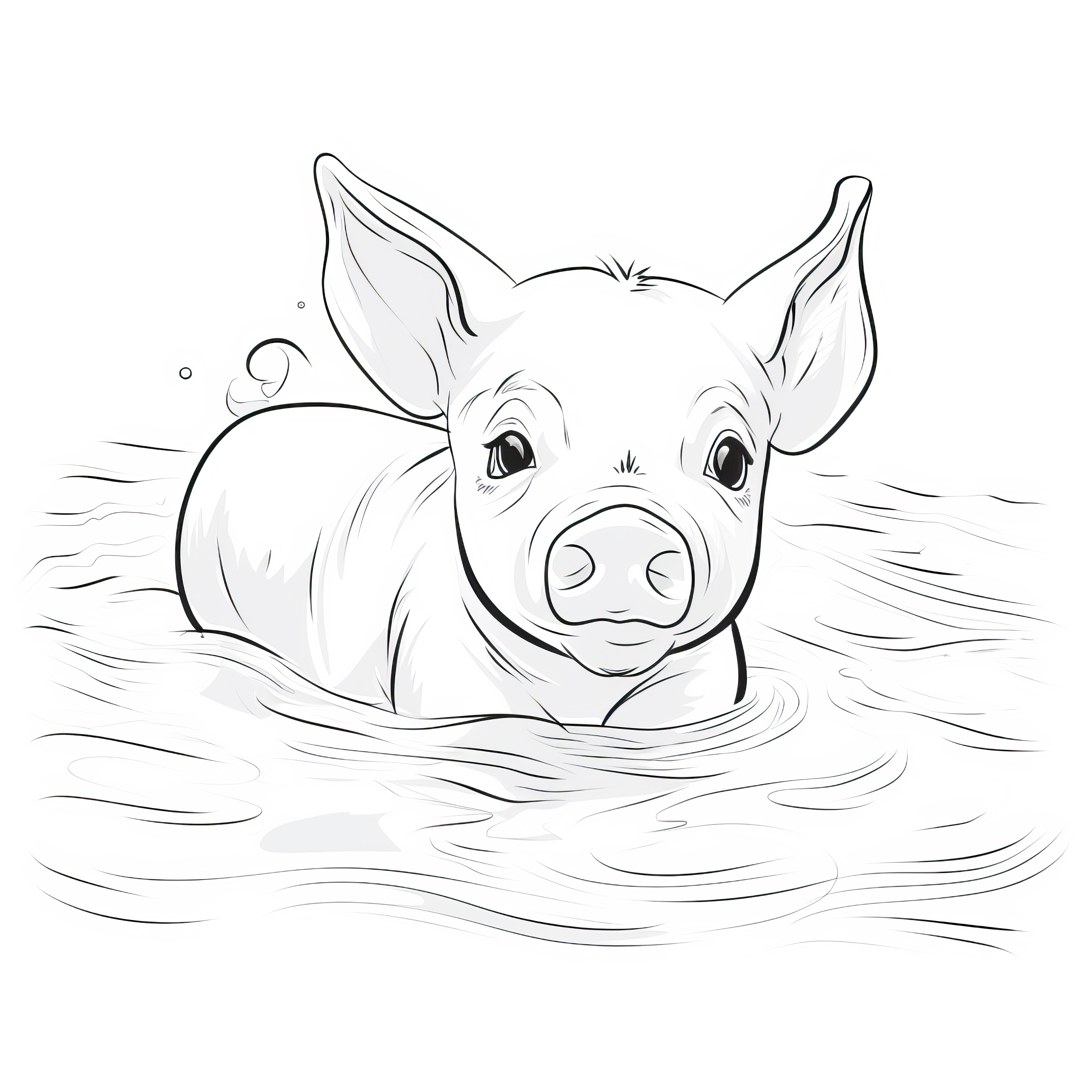 Mignon petit cochon nage dans l'eau : Dessin à colorier gratuit à télécharger