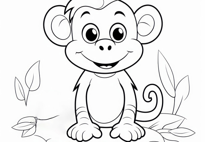 Singeur riant dans un monde végétal tropical : Modèle de coloriage facile pour enfants (Gratuit)