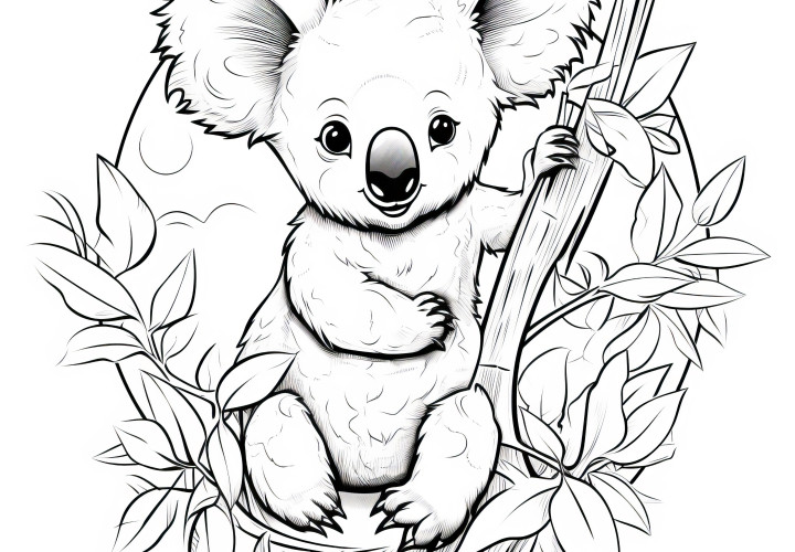 Koala zit in de eucalyptusboom: kleurplaat om te downloaden