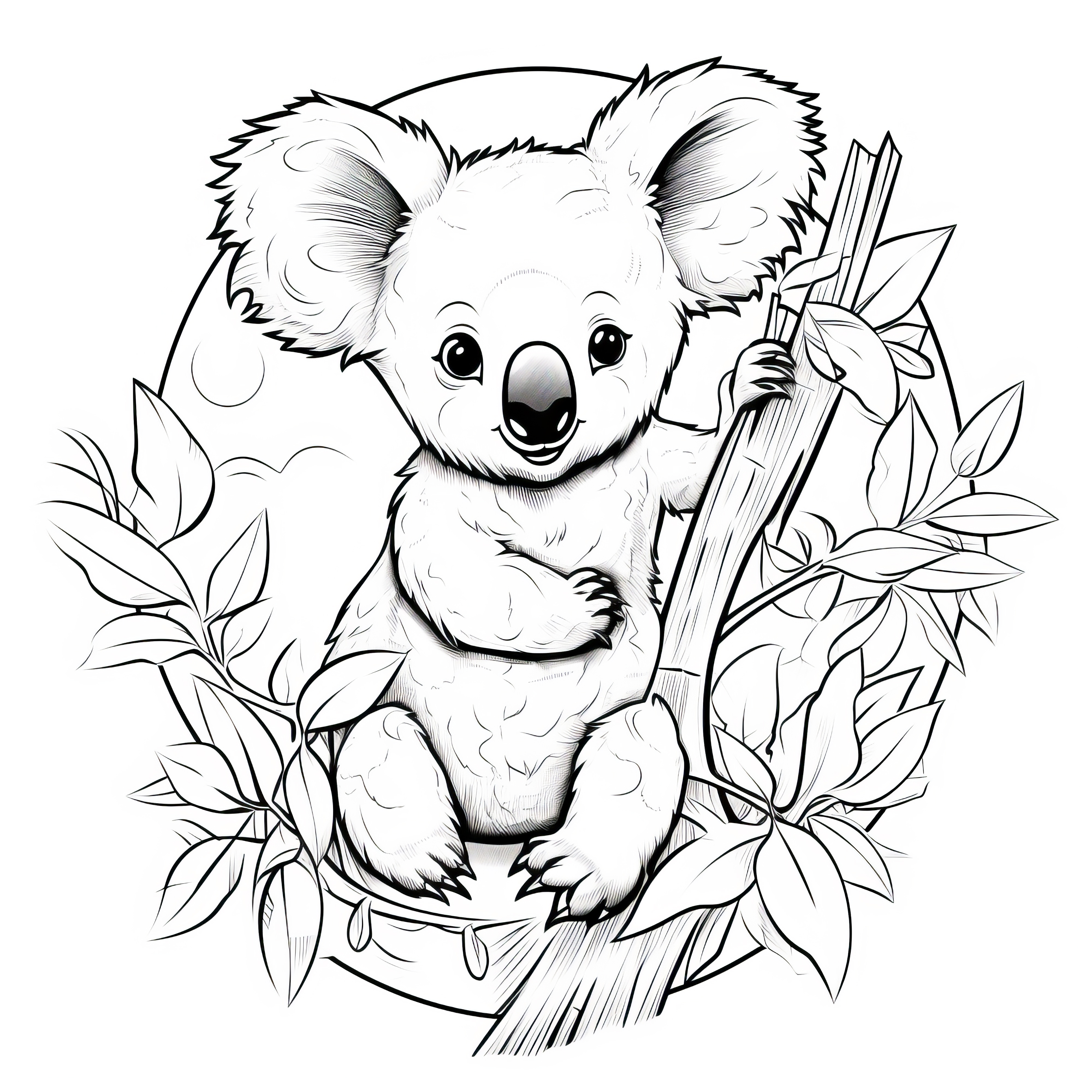 Koala está sentado en un árbol de eucalipto: lámina para colorear para descargar