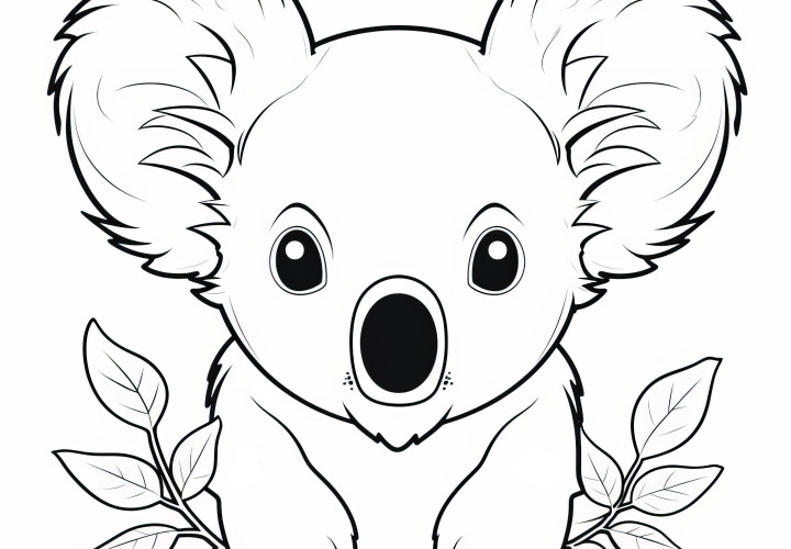 Le koala est assis entre les branches d'eucalyptus : Coloriage facile pour les enfants (Gratuit)