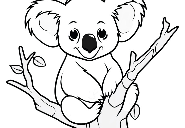 Oso koala en árbol: Imagen para colorear sencilla para niños (Gratis)