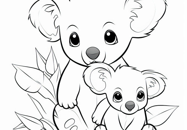 Tierna mamá koala con su cría: dibujo para colorear para descargar gratis