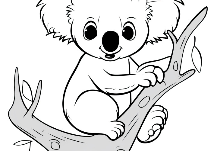 Koala moelleux sur une branche : image simple à colorier pour les enfants (Gratuit)