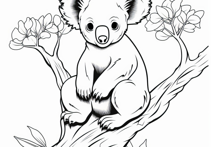 Pěkný koala sedí pohodlně na stromě: omalovánka ke stažení (zdarma)