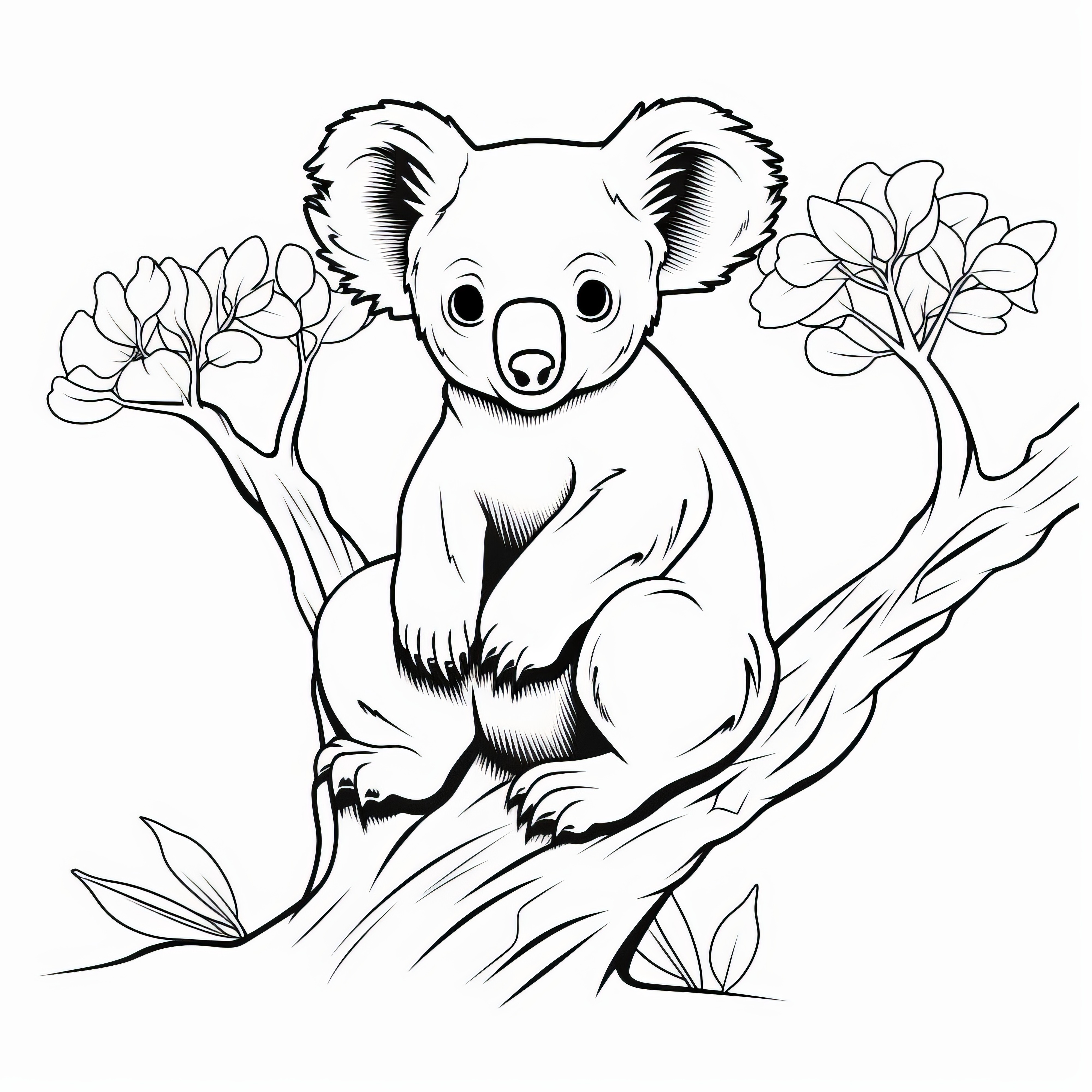 Un joli koala est assis confortablement sur un arbre : coloriage à télécharger (gratuit)