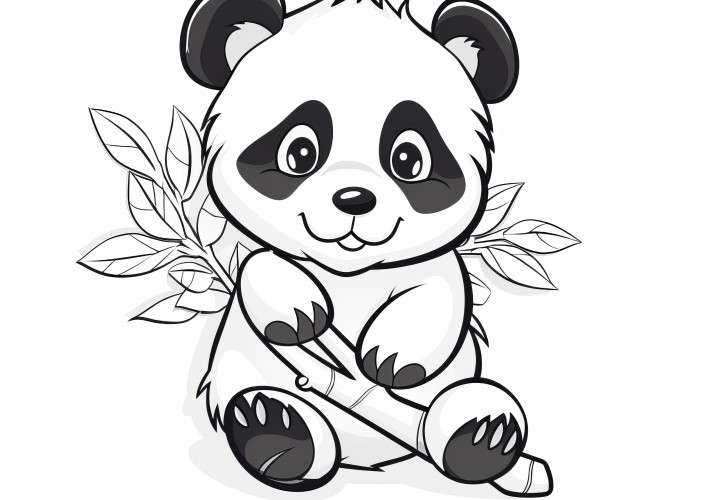 Petit panda avec une branche de bambou : Coloriage simple pour enfants (Gratuit)