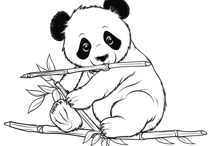 Panda se sienta cómodamente en una rama de bambú: Dibujo para colorear sencillo para niños (Gratis)