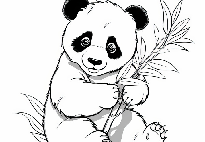 Grand panda avec une branche de bambou et des yeux en spirale: Image à colorier gratuite