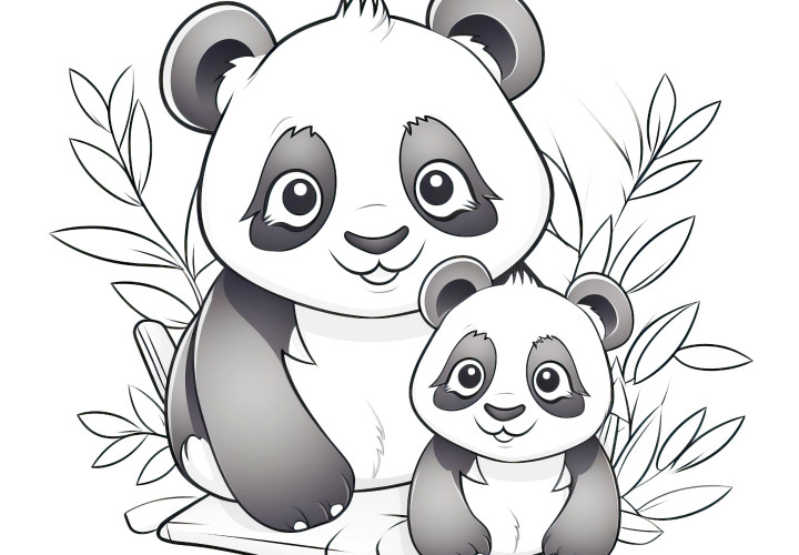 Panda-mama en kind met bamboebladeren: Kleurplaat voor kinderen (Gratis)