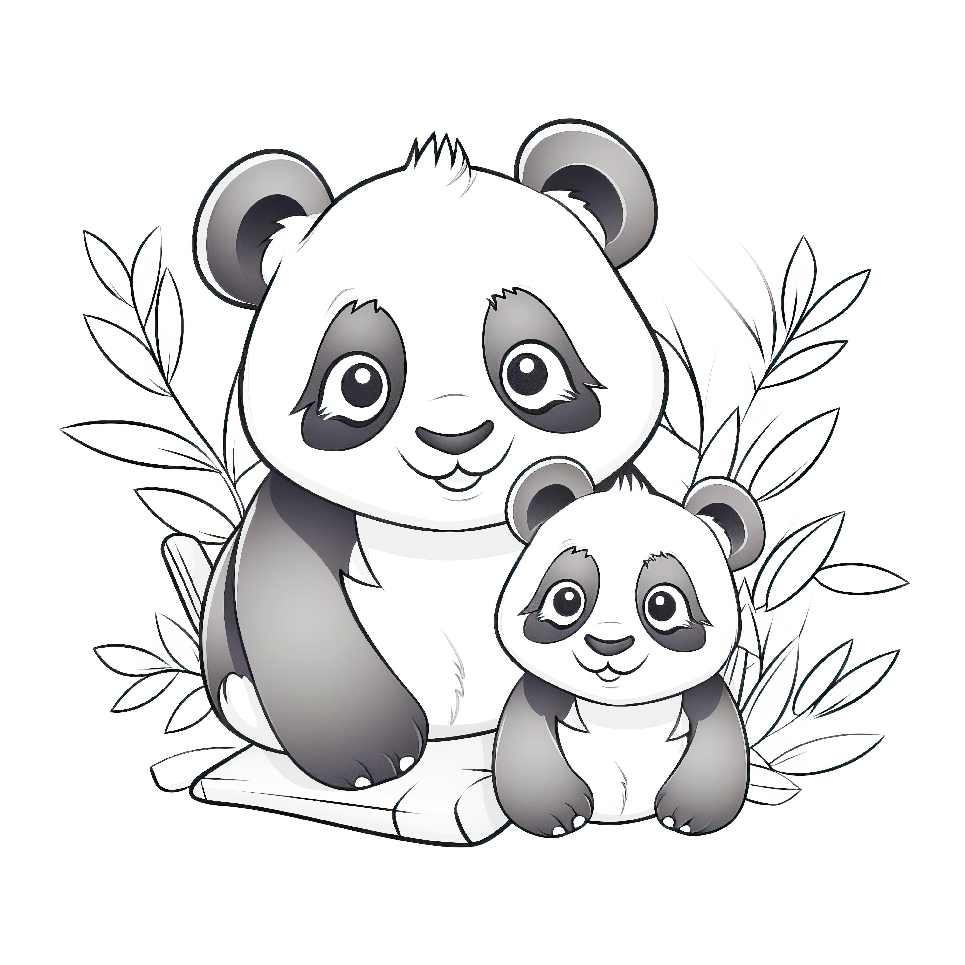 Panda-mamma og barn med bambusblader: Malebilde for barn (Gratis)