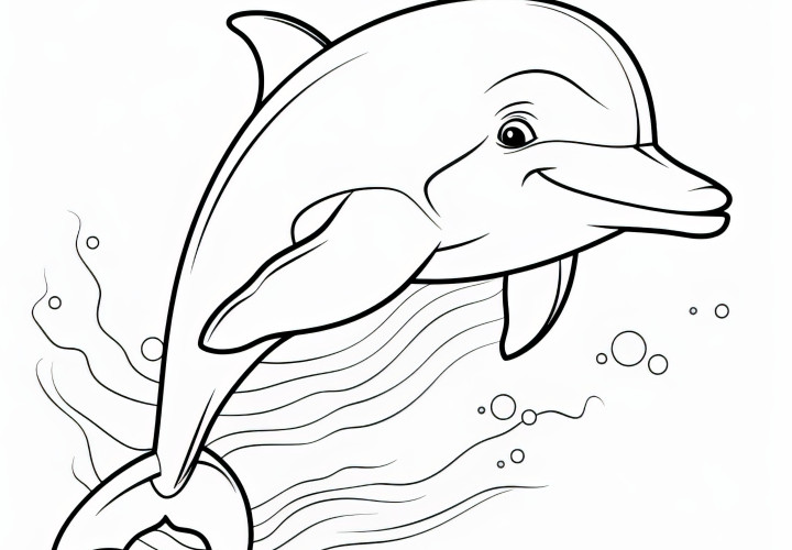 Dauphin joyeux saute de la mer: Dessin facile à colorier pour les enfants (Gratuit)