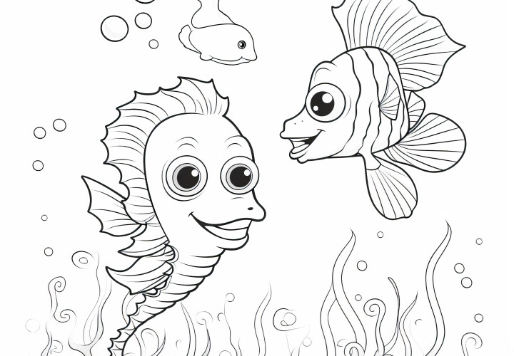 Drôle petit hippocampe avec des poissons : coloriage gratuit à télécharger